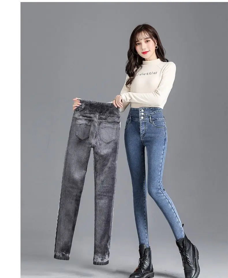 Women jeans Thick Velvet High Waist Skinny Jeans Jeans Winter Warm Plush Stretch Snow Jeans Lady Denim Pants women Trousers