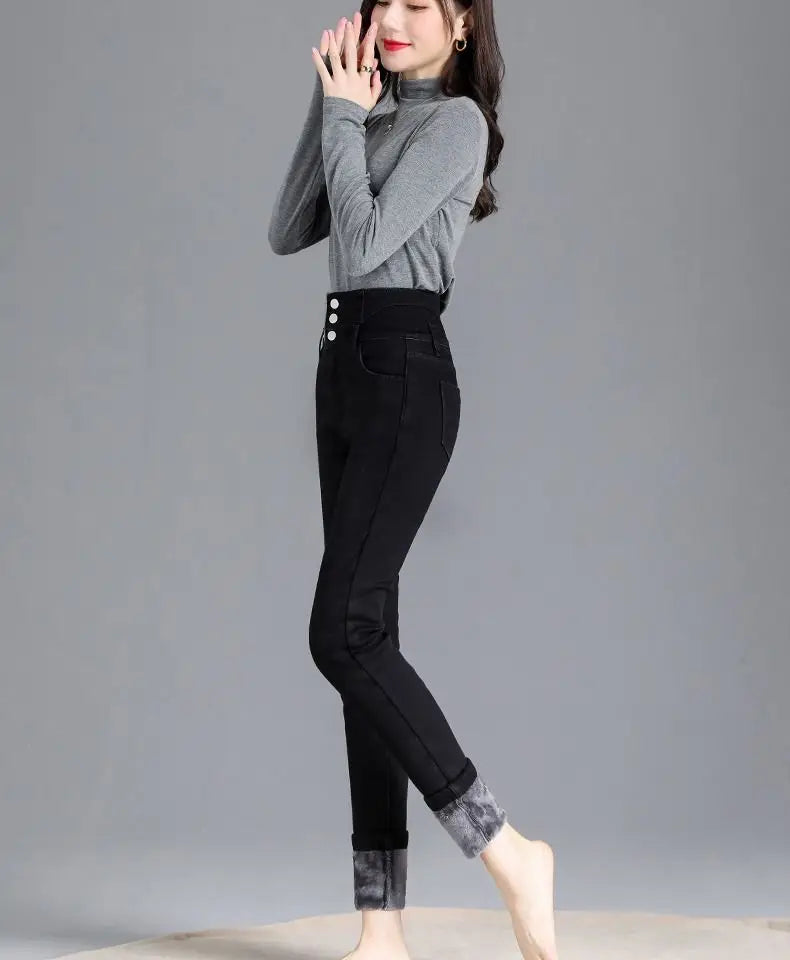 Women jeans Thick Velvet High Waist Skinny Jeans Jeans Winter Warm Plush Stretch Snow Jeans Lady Denim Pants women Trousers