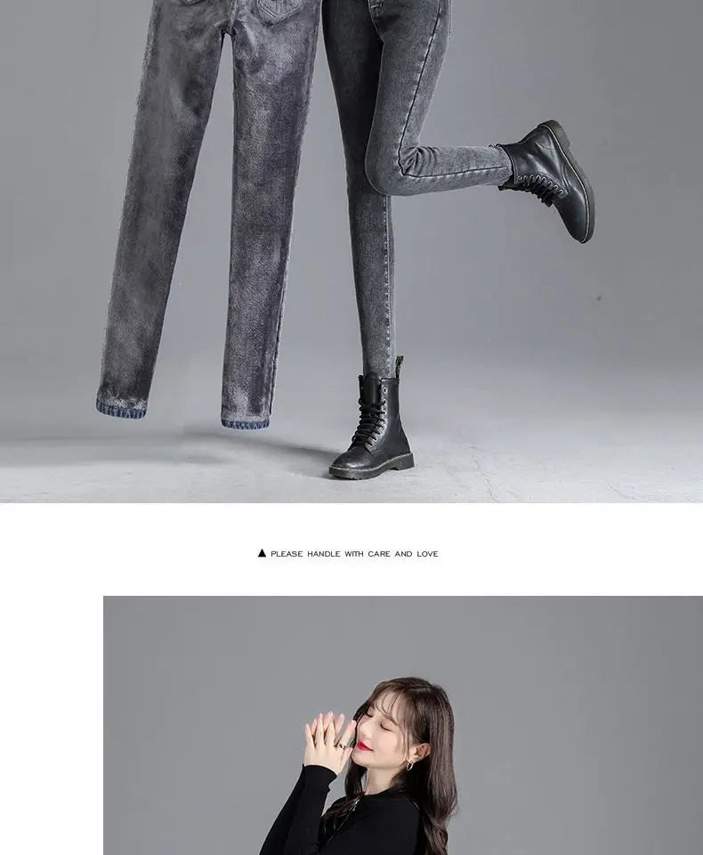 Women jeans Thick Velvet High Waist Skinny Jeans Jeans Winter Warm Plush Stretch Snow Jeans Lady Denim Pants women Trousers