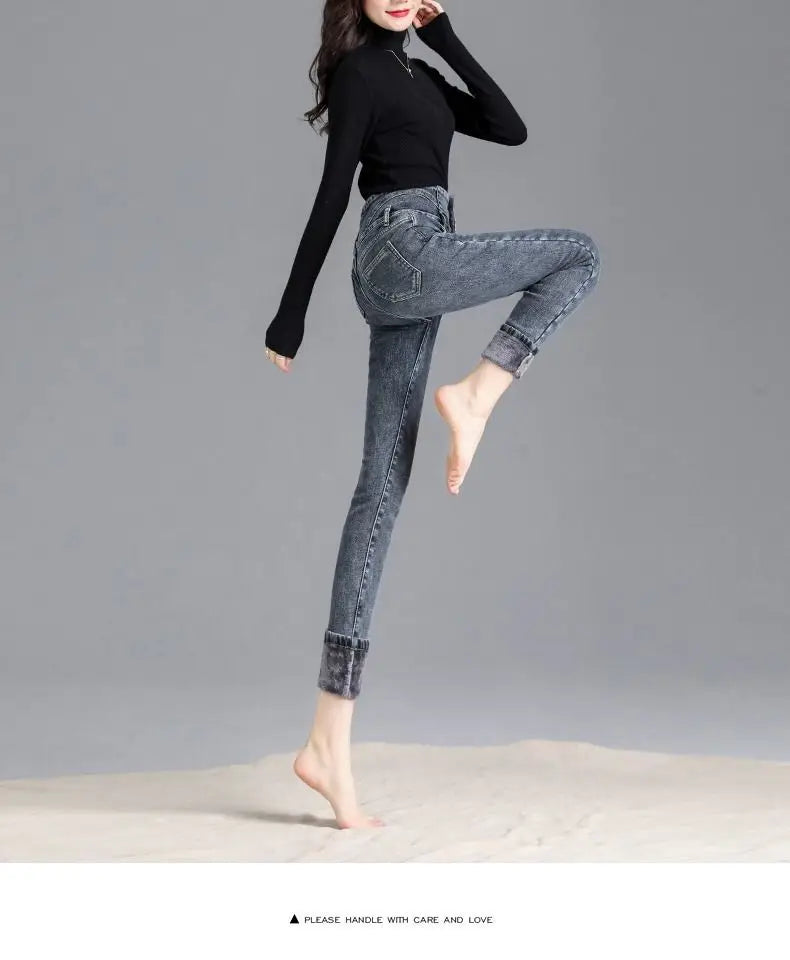 Women jeans Thick Velvet High Waist Skinny Jeans Jeans Winter Warm Plush Stretch Snow Jeans Lady Denim Pants women Trousers