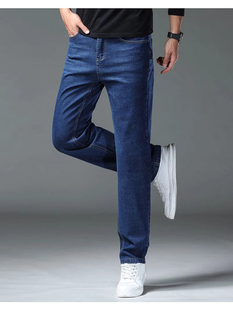 2025 Men Fashion Daily Casual Loose Straight Leg Jeans Male Business Slim Fit Elasticity Denim Pants Blue Black Trousers