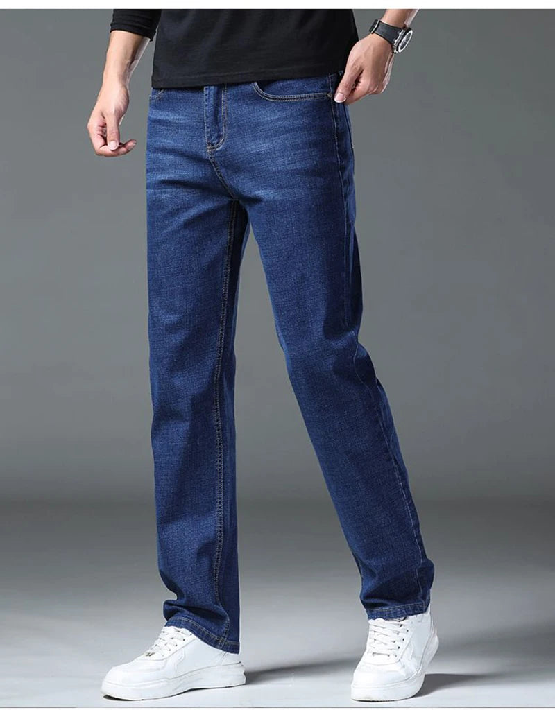 2025 Men Fashion Daily Casual Loose Straight Leg Jeans Male Business Slim Fit Elasticity Denim Pants Blue Black Trousers