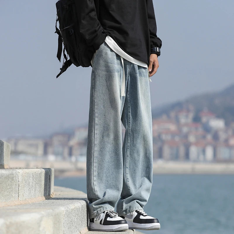 2025 Spring New Fashionable Jeans Design Sense Men's Gradient Color Washed Outdated Straight Tube Men's Cowboy Pants Wide Legs C