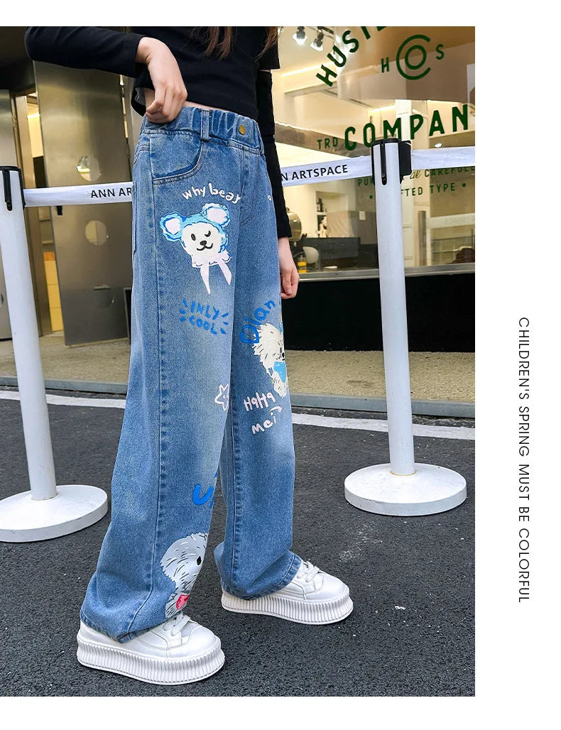Jeans for Girls 2024 New Fashion Cartoon Printed Long Denim Trousers Teens Kids Cute Dog Pattern Wide Leg Pants 5 7 9 11 13 14Y