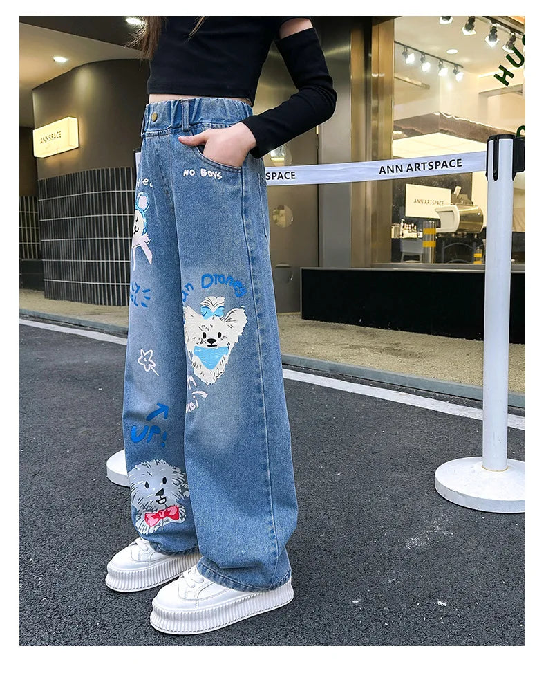 Jeans for Girls 2024 New Fashion Cartoon Printed Long Denim Trousers Teens Kids Cute Dog Pattern Wide Leg Pants 5 7 9 11 13 14Y