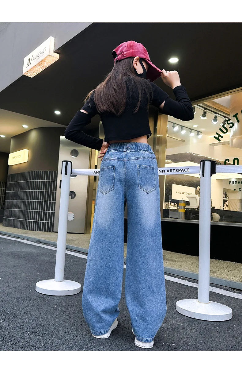 Jeans for Girls 2024 New Fashion Cartoon Printed Long Denim Trousers Teens Kids Cute Dog Pattern Wide Leg Pants 5 7 9 11 13 14Y
