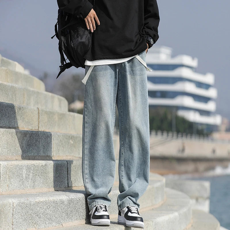 2025 Spring New Fashionable Jeans Design Sense Men's Gradient Color Washed Outdated Straight Tube Men's Cowboy Pants Wide Legs C
