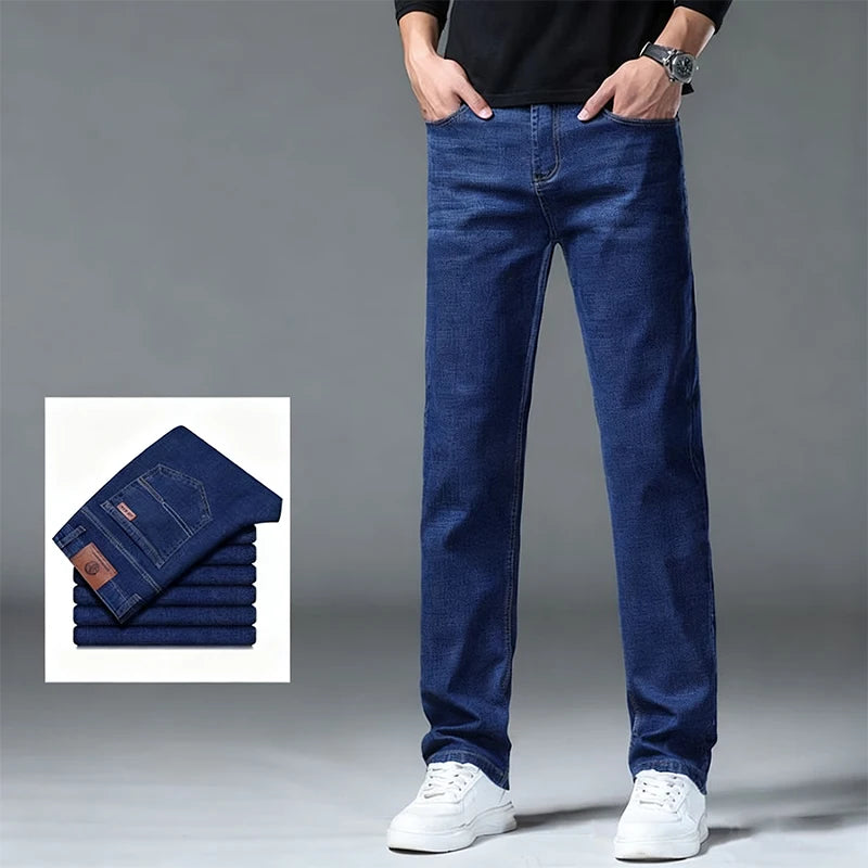 2025 Men Fashion Daily Casual Loose Straight Leg Jeans Male Business Slim Fit Elasticity Denim Pants Blue Black Trousers