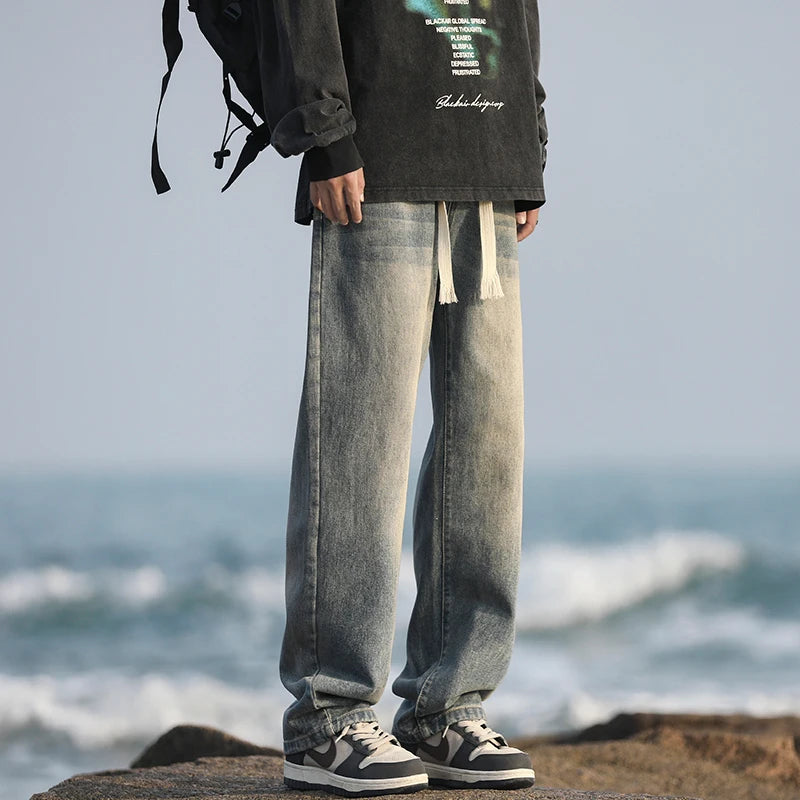 2025 Spring New Fashionable Jeans Design Sense Men's Gradient Color Washed Outdated Straight Tube Men's Cowboy Pants Wide Legs C