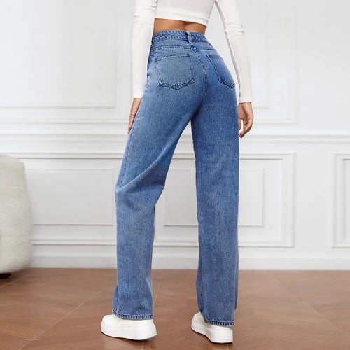 2025 new European and American high-waisted water-washed women's jeans long fashionable and versatile straight-leg pants