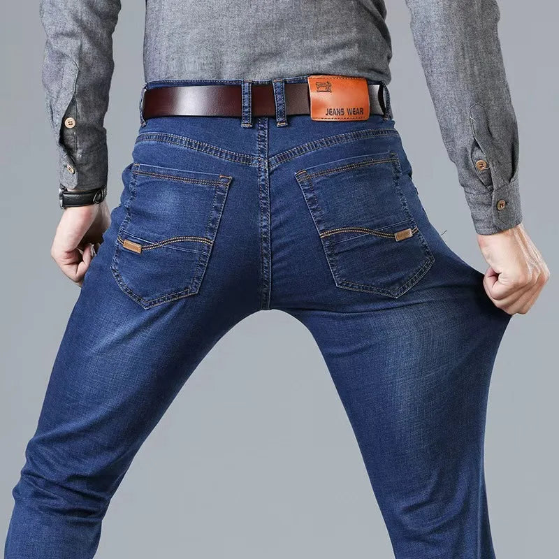 JEAN New Business Men's Jeans Casual Straight Stretch Fashion Classic Blue Black Work Denim Trousers Male Brand Clothing