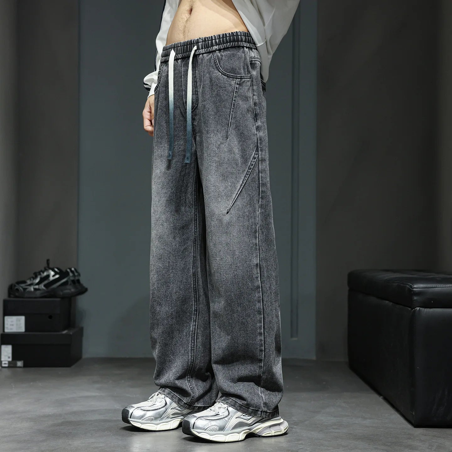 Jeans men's 2025 autumn new style American high street men's washed and worn drawstring trend straight leg denim pants