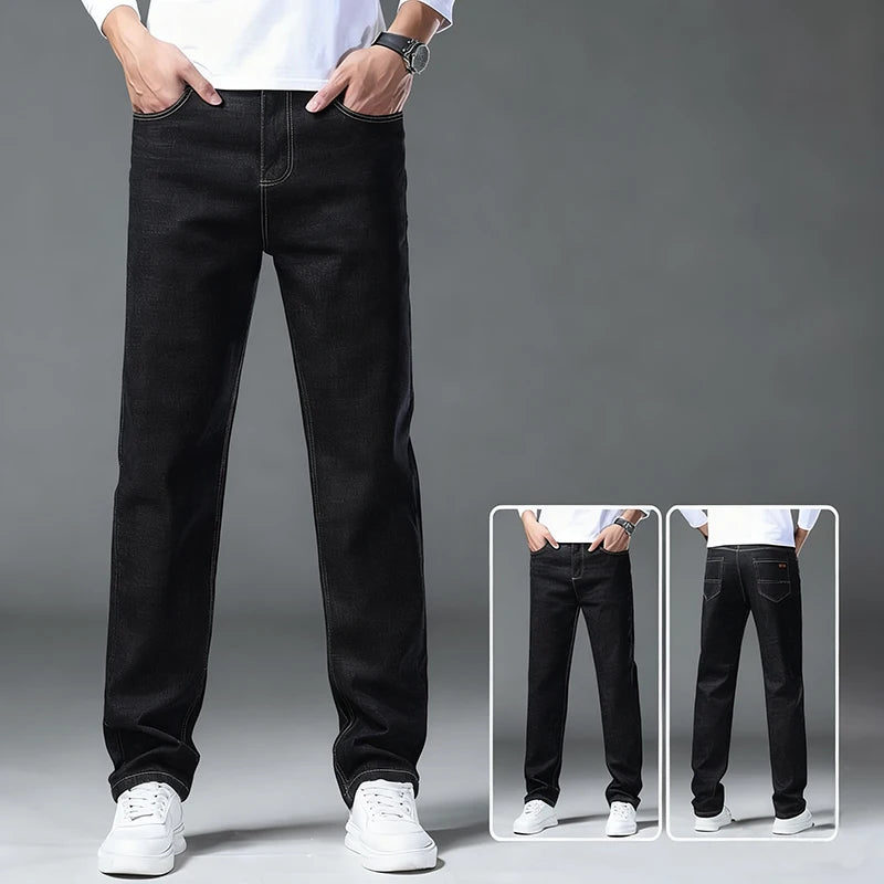 2025 Men Fashion Daily Casual Loose Straight Leg Jeans Male Business Slim Fit Elasticity Denim Pants Blue Black Trousers
