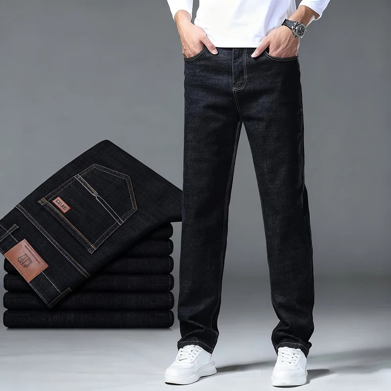 2025 Men Fashion Daily Casual Loose Straight Leg Jeans Male Business Slim Fit Elasticity Denim Pants Blue Black Trousers