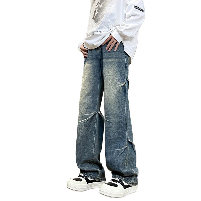 2025 Spring New Fashionable Jeans with Folded Aging and Wrinkle Design, Men's Gradient Color Washed Straight Tube Denim Pants,