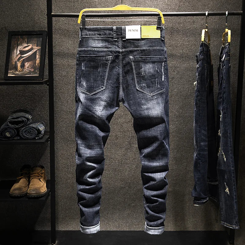 Jeans Men Long Pants Denim Pant Straight Trousers Zipper High Waist Simple Splice Casual Regular Slim Fit Sheath Autumn Winter