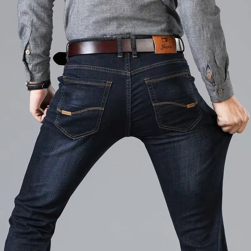 JEAN New Business Men's Jeans Casual Straight Stretch Fashion Classic Blue Black Work Denim Trousers Male Brand Clothing