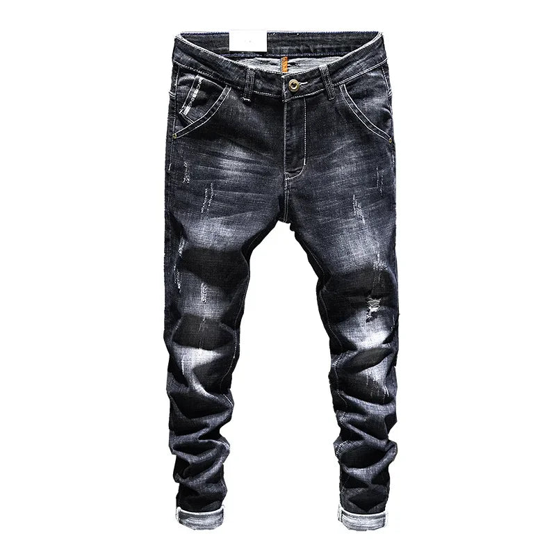 Jeans Men Long Pants Denim Pant Straight Trousers Zipper High Waist Simple Splice Casual Regular Slim Fit Sheath Autumn Winter