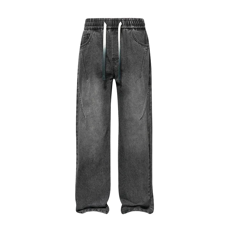 Jeans men's 2025 autumn new style American high street men's washed and worn drawstring trend straight leg denim pants