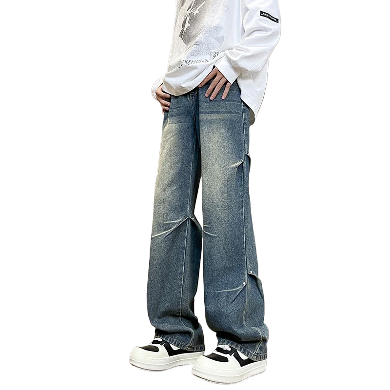 2025 Spring New Fashionable Jeans with Folded Aging and Wrinkle Design, Men's Gradient Color Washed Straight Tube Denim Pants,