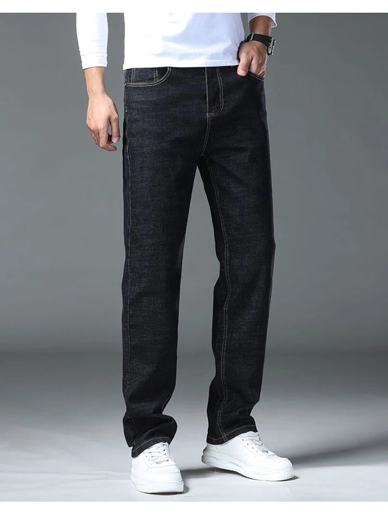 2025 Men Fashion Daily Casual Loose Straight Leg Jeans Male Business Slim Fit Elasticity Denim Pants Blue Black Trousers