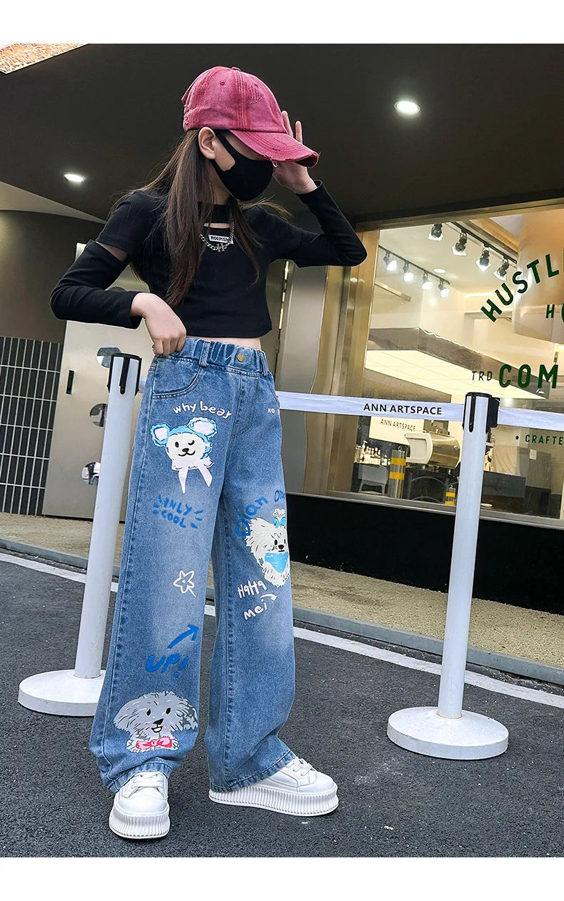 Jeans for Girls 2024 New Fashion Cartoon Printed Long Denim Trousers Teens Kids Cute Dog Pattern Wide Leg Pants 5 7 9 11 13 14Y